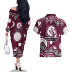 Manly Warringah Sea Eagles Couples Matching Off The Shoulder Long Sleeve Dress and Hawaiian Shirt Aboriginal Dot Pattern - Rugby Mascot Heritage Pride