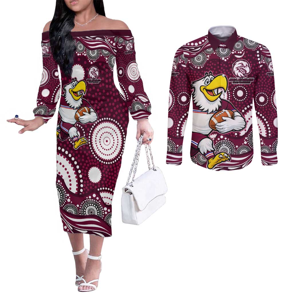 Manly Warringah Sea Eagles Couples Matching Off The Shoulder Long Sleeve Dress and Long Sleeve Button Shirt Aboriginal Dot Pattern - Rugby Mascot Heritage Pride