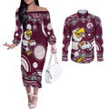 Manly Warringah Sea Eagles Couples Matching Off The Shoulder Long Sleeve Dress and Long Sleeve Button Shirt Aboriginal Dot Pattern - Rugby Mascot Heritage Pride