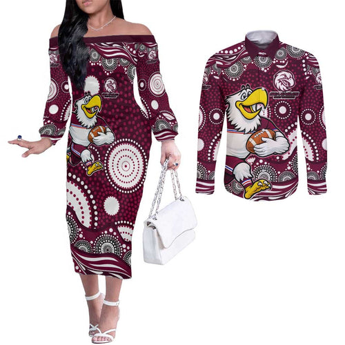 Manly Warringah Sea Eagles Couples Matching Off The Shoulder Long Sleeve Dress and Long Sleeve Button Shirt Aboriginal Dot Pattern - Rugby Mascot Heritage Pride