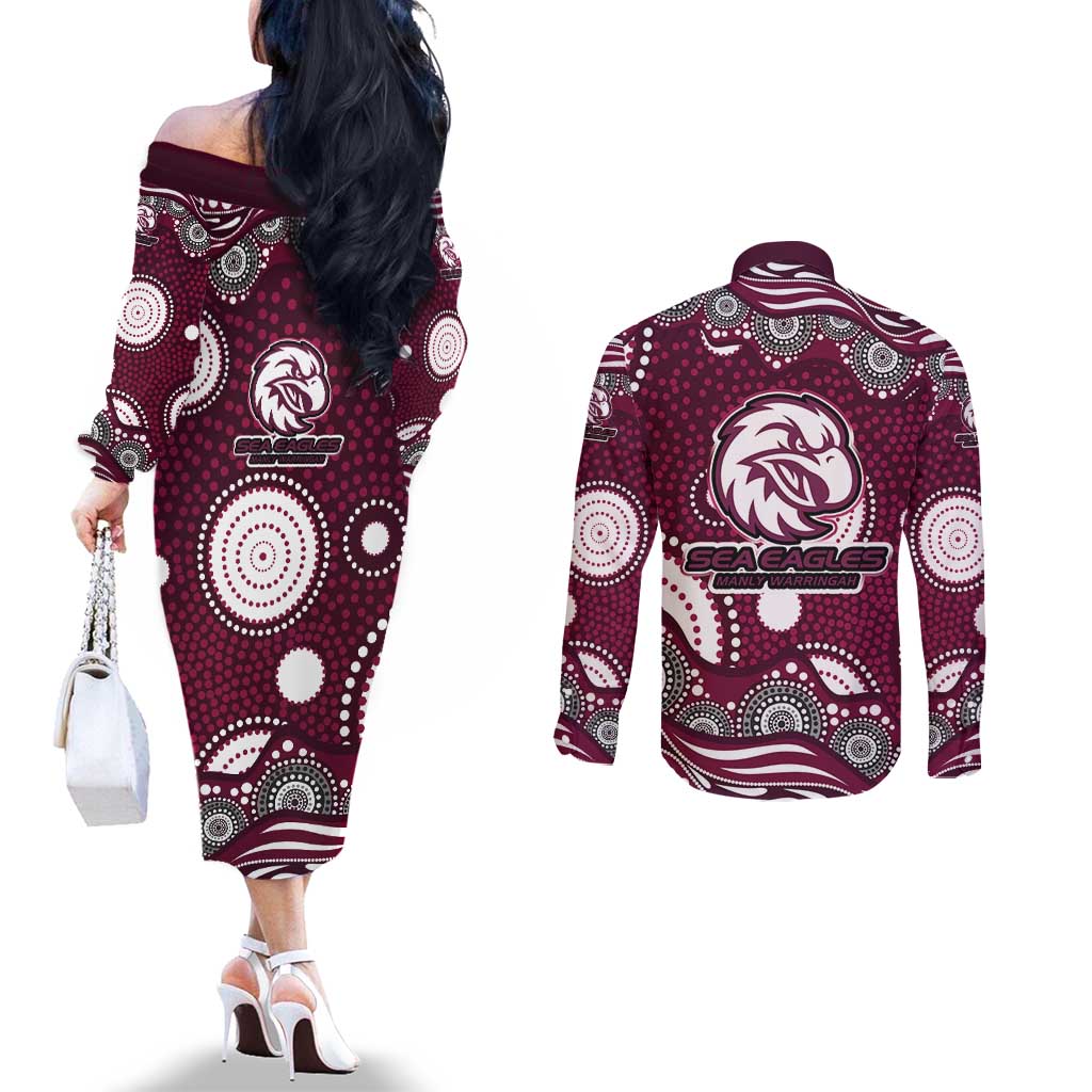 Manly Warringah Sea Eagles Couples Matching Off The Shoulder Long Sleeve Dress and Long Sleeve Button Shirt Aboriginal Dot Pattern - Rugby Mascot Heritage Pride