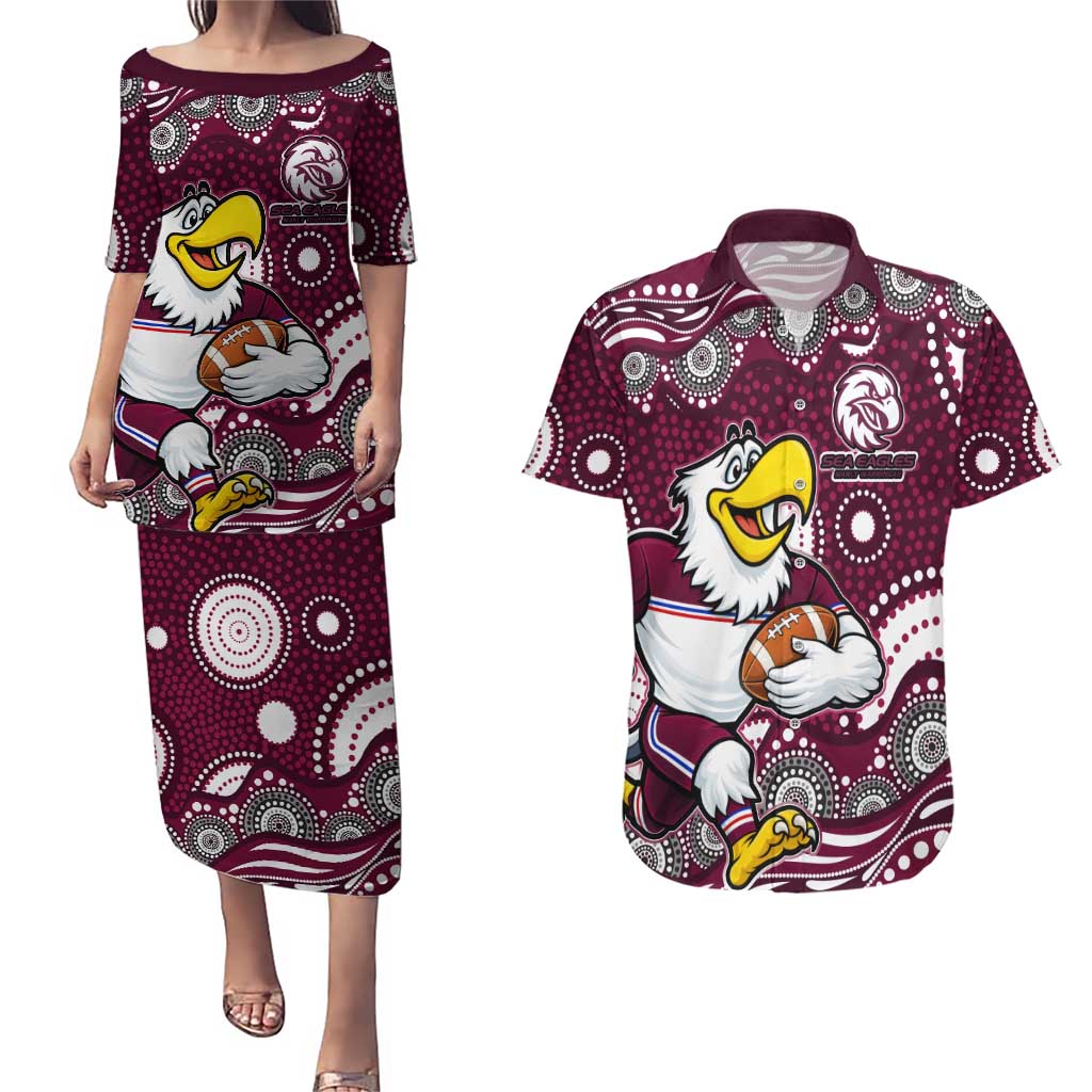 Manly Warringah Sea Eagles Couples Matching Puletasi and Hawaiian Shirt Aboriginal Dot Pattern - Rugby Mascot Heritage Pride