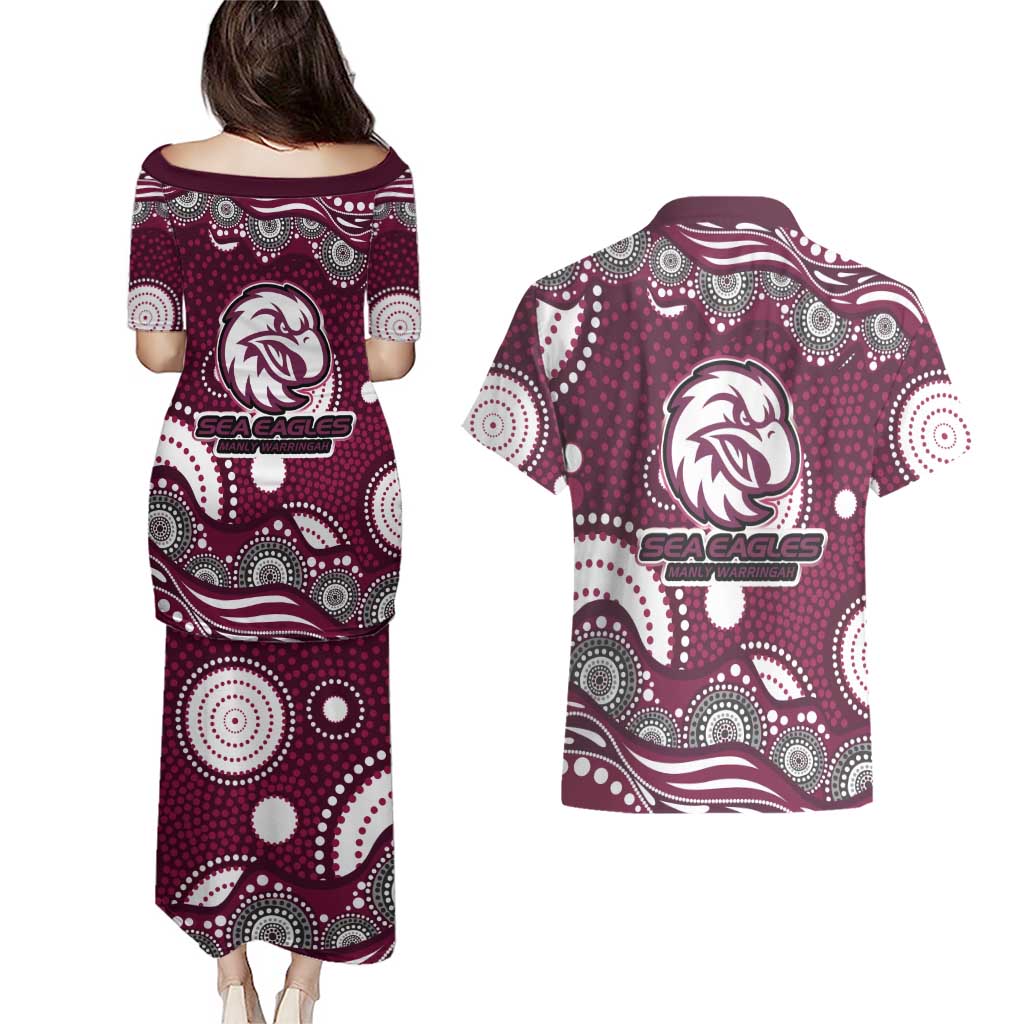 Manly Warringah Sea Eagles Couples Matching Puletasi and Hawaiian Shirt Aboriginal Dot Pattern - Rugby Mascot Heritage Pride