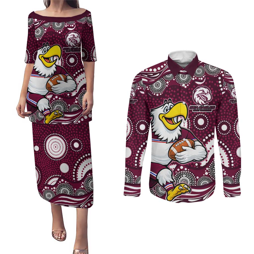 Manly Warringah Sea Eagles Couples Matching Puletasi and Long Sleeve Button Shirt Aboriginal Dot Pattern - Rugby Mascot Heritage Pride