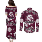 Manly Warringah Sea Eagles Couples Matching Puletasi and Long Sleeve Button Shirt Aboriginal Dot Pattern - Rugby Mascot Heritage Pride