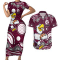 Manly Warringah Sea Eagles Couples Matching Short Sleeve Bodycon Dress and Hawaiian Shirt Aboriginal Dot Pattern - Rugby Mascot Heritage Pride