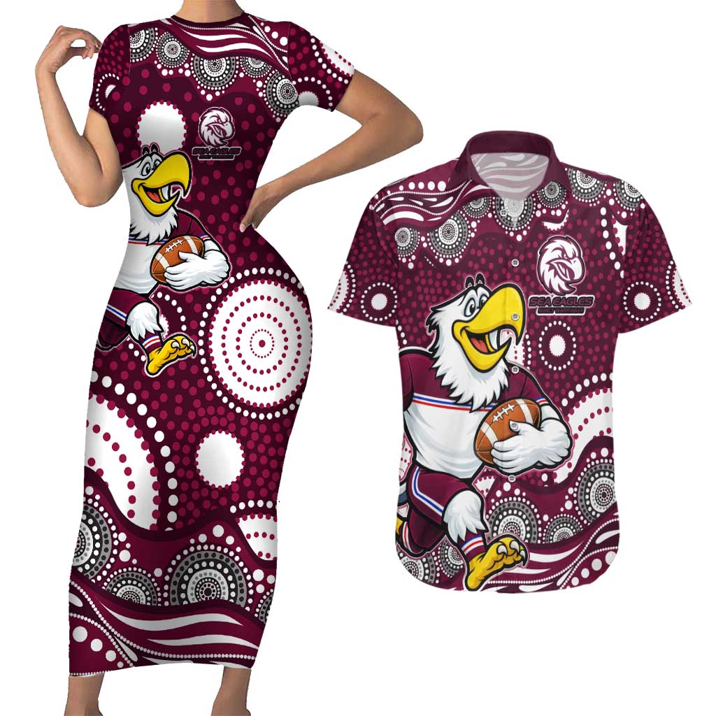 Manly Warringah Sea Eagles Couples Matching Short Sleeve Bodycon Dress and Hawaiian Shirt Aboriginal Dot Pattern - Rugby Mascot Heritage Pride