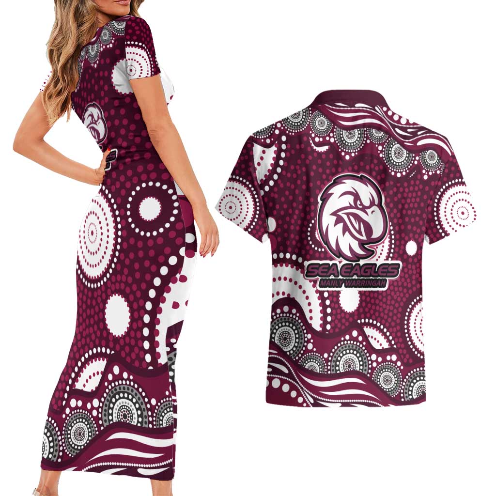 Manly Warringah Sea Eagles Couples Matching Short Sleeve Bodycon Dress and Hawaiian Shirt Aboriginal Dot Pattern - Rugby Mascot Heritage Pride