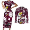 Manly Warringah Sea Eagles Couples Matching Short Sleeve Bodycon Dress and Long Sleeve Button Shirt Aboriginal Dot Pattern - Rugby Mascot Heritage Pride