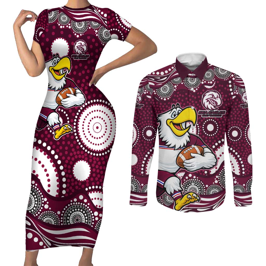 Manly Warringah Sea Eagles Couples Matching Short Sleeve Bodycon Dress and Long Sleeve Button Shirt Aboriginal Dot Pattern - Rugby Mascot Heritage Pride