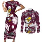 Manly Warringah Sea Eagles Couples Matching Short Sleeve Bodycon Dress and Long Sleeve Button Shirt Aboriginal Dot Pattern - Rugby Mascot Heritage Pride