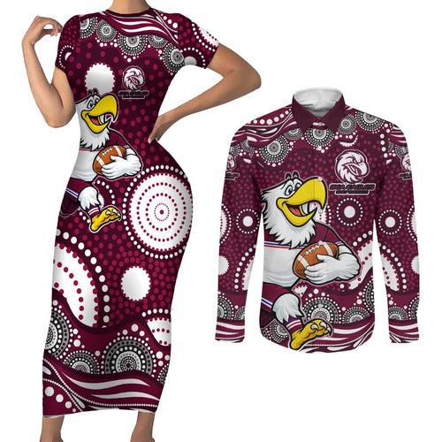 Manly Warringah Sea Eagles Couples Matching Short Sleeve Bodycon Dress and Long Sleeve Button Shirt Aboriginal Dot Pattern - Rugby Mascot Heritage Pride