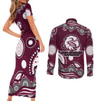 Manly Warringah Sea Eagles Couples Matching Short Sleeve Bodycon Dress and Long Sleeve Button Shirt Aboriginal Dot Pattern - Rugby Mascot Heritage Pride