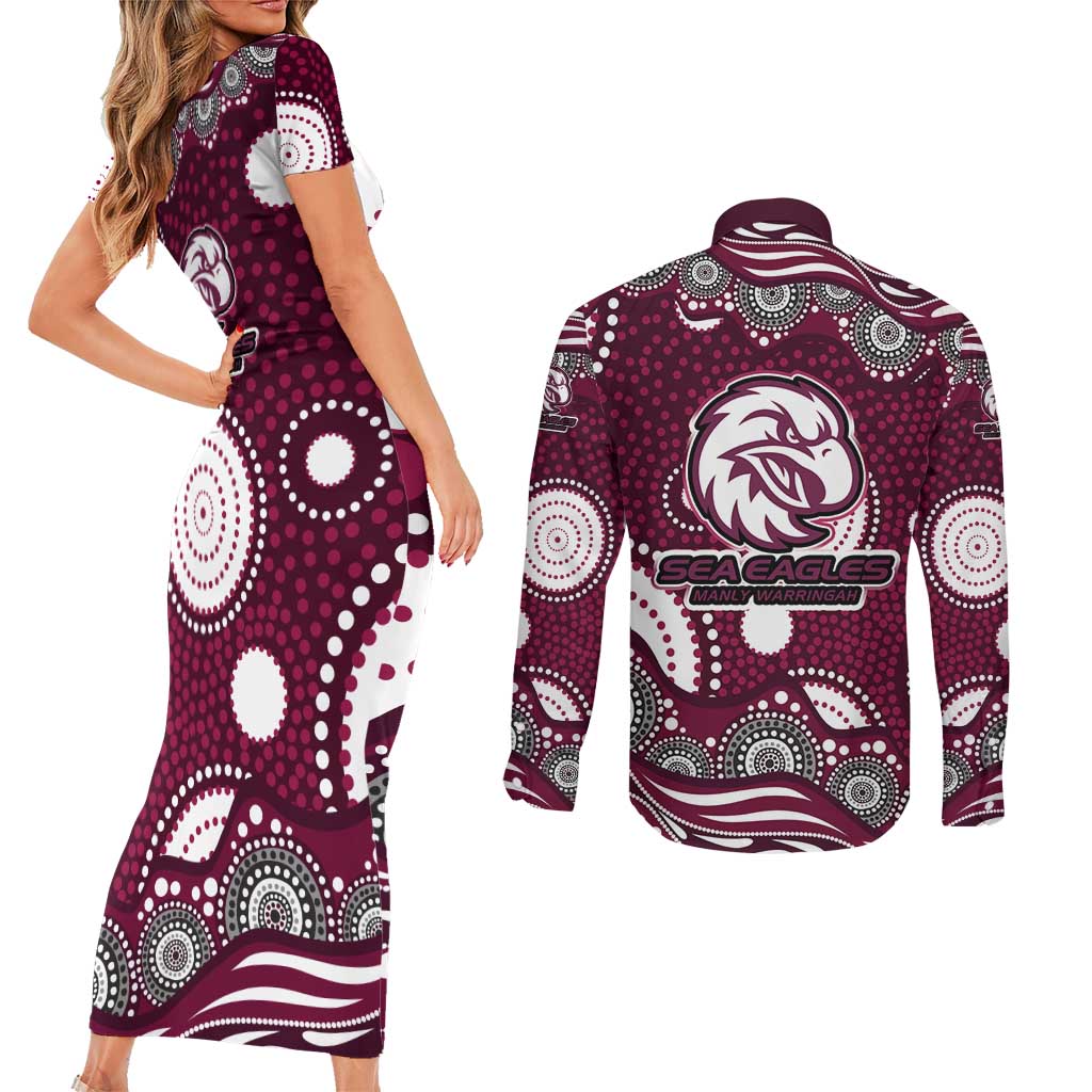 Manly Warringah Sea Eagles Couples Matching Short Sleeve Bodycon Dress and Long Sleeve Button Shirt Aboriginal Dot Pattern - Rugby Mascot Heritage Pride