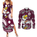 Manly Warringah Sea Eagles Couples Matching Summer Maxi Dress and Long Sleeve Button Shirt Aboriginal Dot Pattern - Rugby Mascot Heritage Pride