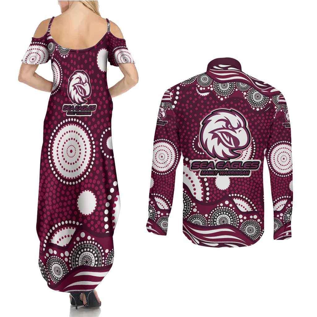 Manly Warringah Sea Eagles Couples Matching Summer Maxi Dress and Long Sleeve Button Shirt Aboriginal Dot Pattern - Rugby Mascot Heritage Pride