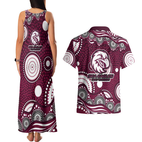 Manly Warringah Sea Eagles Couples Matching Tank Maxi Dress and Hawaiian Shirt Aboriginal Dot Pattern - Rugby Mascot Heritage Pride