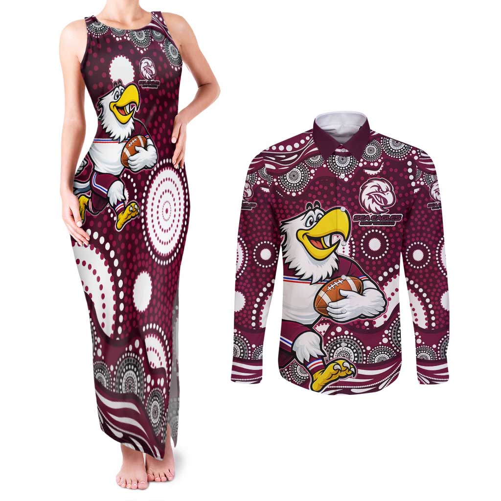 Manly Warringah Sea Eagles Couples Matching Tank Maxi Dress and Long Sleeve Button Shirt Aboriginal Dot Pattern - Rugby Mascot Heritage Pride