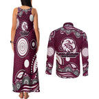 Manly Warringah Sea Eagles Couples Matching Tank Maxi Dress and Long Sleeve Button Shirt Aboriginal Dot Pattern - Rugby Mascot Heritage Pride