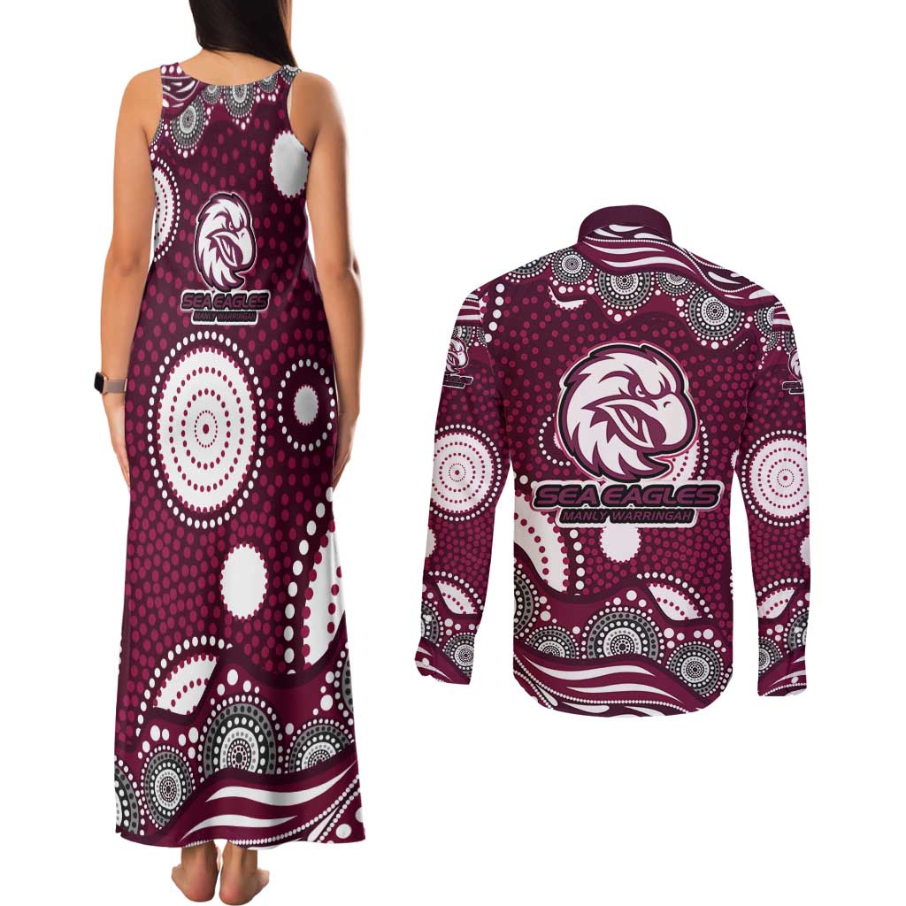 Manly Warringah Sea Eagles Couples Matching Tank Maxi Dress and Long Sleeve Button Shirt Aboriginal Dot Pattern - Rugby Mascot Heritage Pride