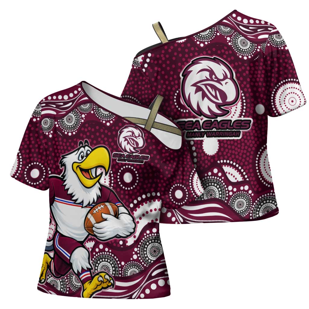 Manly Warringah Sea Eagles Cross Shoulder Shirt Aboriginal Dot Pattern - Rugby Mascot Heritage Pride