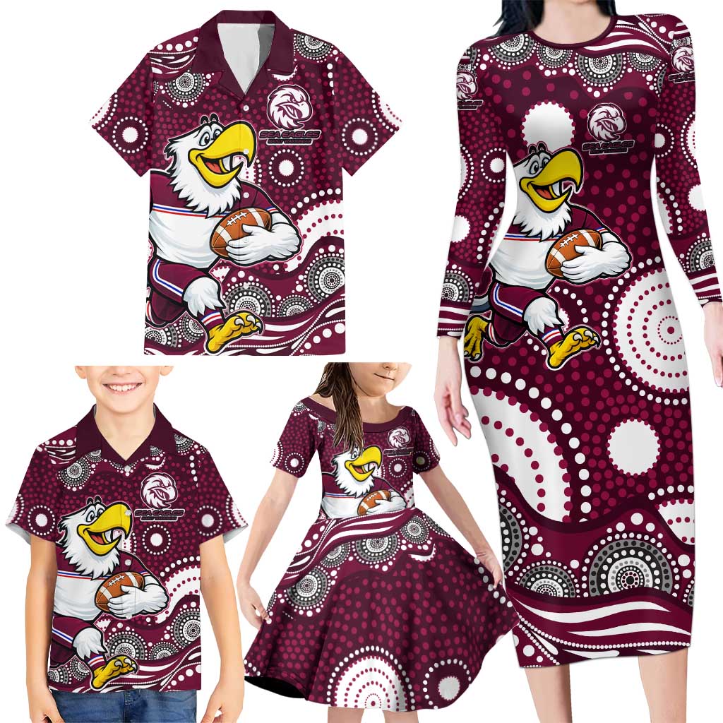 Manly Warringah Sea Eagles Family Matching Long Sleeve Bodycon Dress and Hawaiian Shirt Aboriginal Dot Pattern - Rugby Mascot Heritage Pride