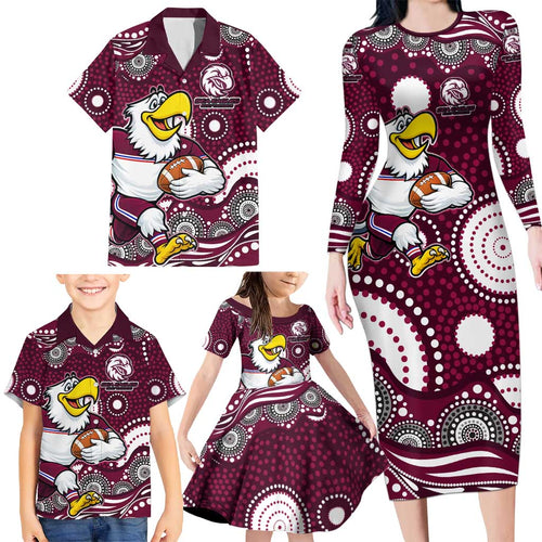 Manly Warringah Sea Eagles Family Matching Long Sleeve Bodycon Dress and Hawaiian Shirt Aboriginal Dot Pattern - Rugby Mascot Heritage Pride