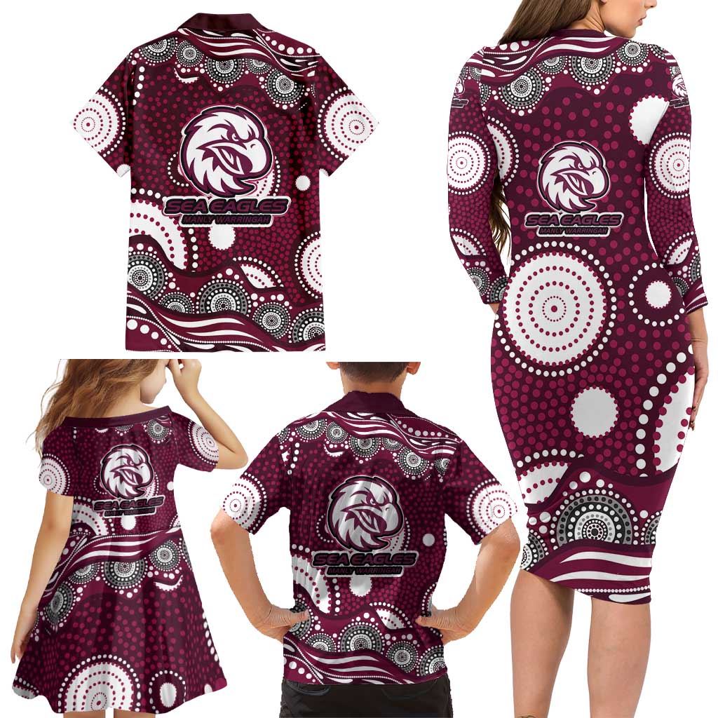 Manly Warringah Sea Eagles Family Matching Long Sleeve Bodycon Dress and Hawaiian Shirt Aboriginal Dot Pattern - Rugby Mascot Heritage Pride