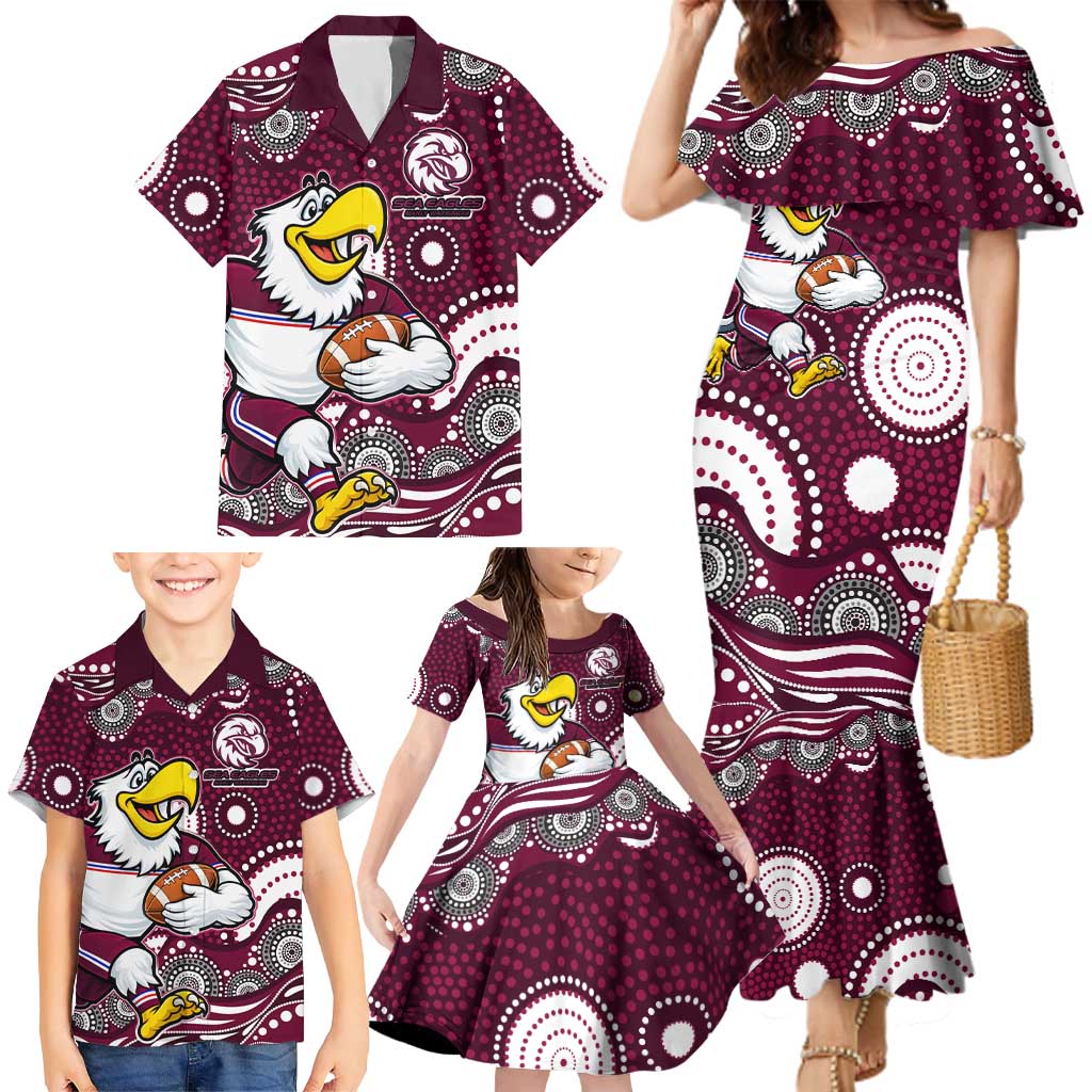 Manly Warringah Sea Eagles Family Matching Mermaid Dress and Hawaiian Shirt Aboriginal Dot Pattern - Rugby Mascot Heritage Pride
