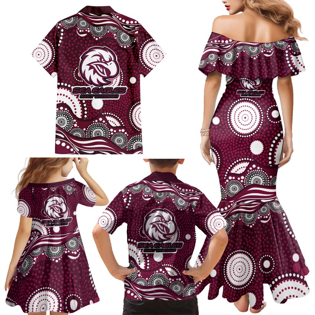 Manly Warringah Sea Eagles Family Matching Mermaid Dress and Hawaiian Shirt Aboriginal Dot Pattern - Rugby Mascot Heritage Pride