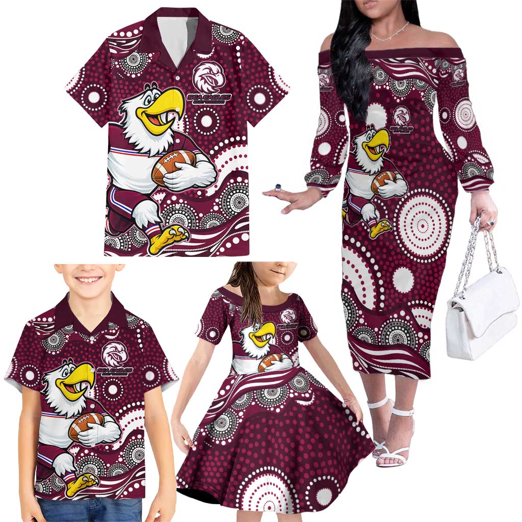 Manly Warringah Sea Eagles Family Matching Off The Shoulder Long Sleeve Dress and Hawaiian Shirt Aboriginal Dot Pattern - Rugby Mascot Heritage Pride