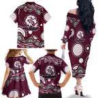 Manly Warringah Sea Eagles Family Matching Off The Shoulder Long Sleeve Dress and Hawaiian Shirt Aboriginal Dot Pattern - Rugby Mascot Heritage Pride