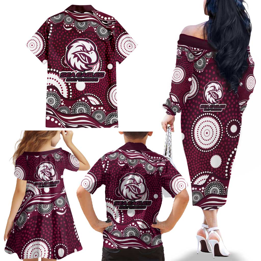 Manly Warringah Sea Eagles Family Matching Off The Shoulder Long Sleeve Dress and Hawaiian Shirt Aboriginal Dot Pattern - Rugby Mascot Heritage Pride