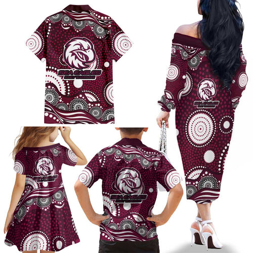 Manly Warringah Sea Eagles Family Matching Off The Shoulder Long Sleeve Dress and Hawaiian Shirt Aboriginal Dot Pattern - Rugby Mascot Heritage Pride