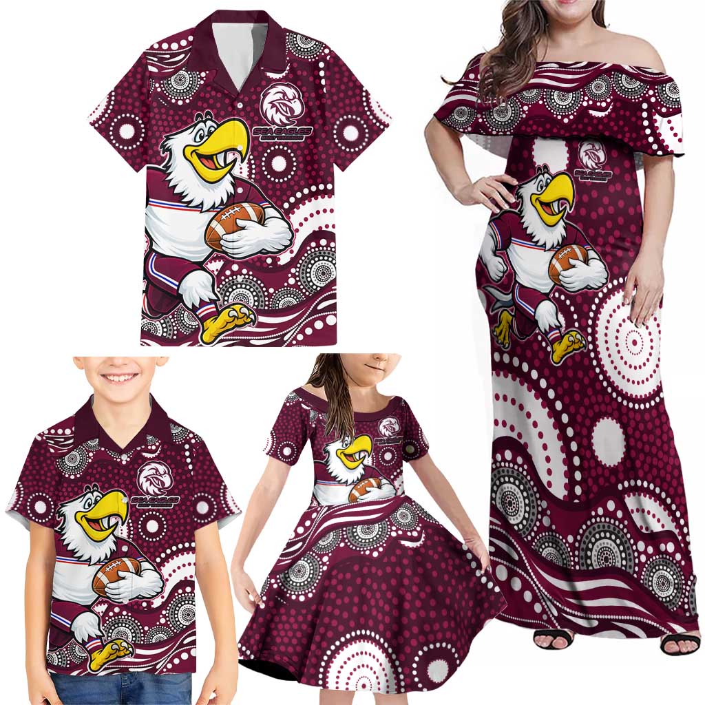 Manly Warringah Sea Eagles Family Matching Off Shoulder Maxi Dress and Hawaiian Shirt Aboriginal Dot Pattern - Rugby Mascot Heritage Pride