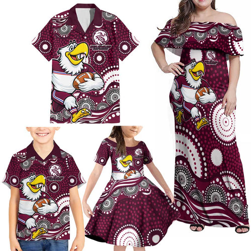 Manly Warringah Sea Eagles Family Matching Off Shoulder Maxi Dress and Hawaiian Shirt Aboriginal Dot Pattern - Rugby Mascot Heritage Pride
