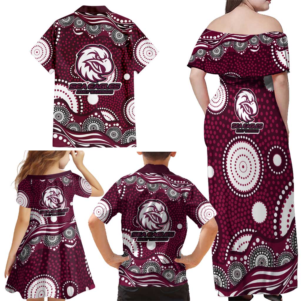 Manly Warringah Sea Eagles Family Matching Off Shoulder Maxi Dress and Hawaiian Shirt Aboriginal Dot Pattern - Rugby Mascot Heritage Pride
