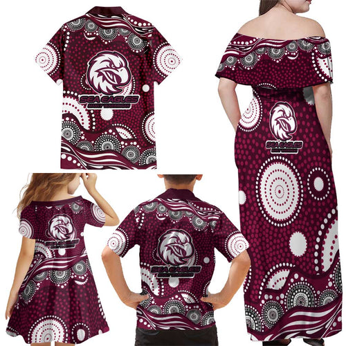 Manly Warringah Sea Eagles Family Matching Off Shoulder Maxi Dress and Hawaiian Shirt Aboriginal Dot Pattern - Rugby Mascot Heritage Pride