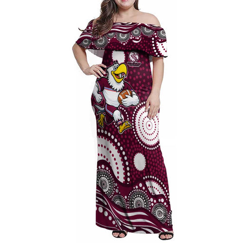 Manly Warringah Sea Eagles Family Matching Off Shoulder Maxi Dress and Hawaiian Shirt Aboriginal Dot Pattern - Rugby Mascot Heritage Pride