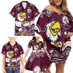 Manly Warringah Sea Eagles Family Matching Off Shoulder Short Dress and Hawaiian Shirt Aboriginal Dot Pattern - Rugby Mascot Heritage Pride