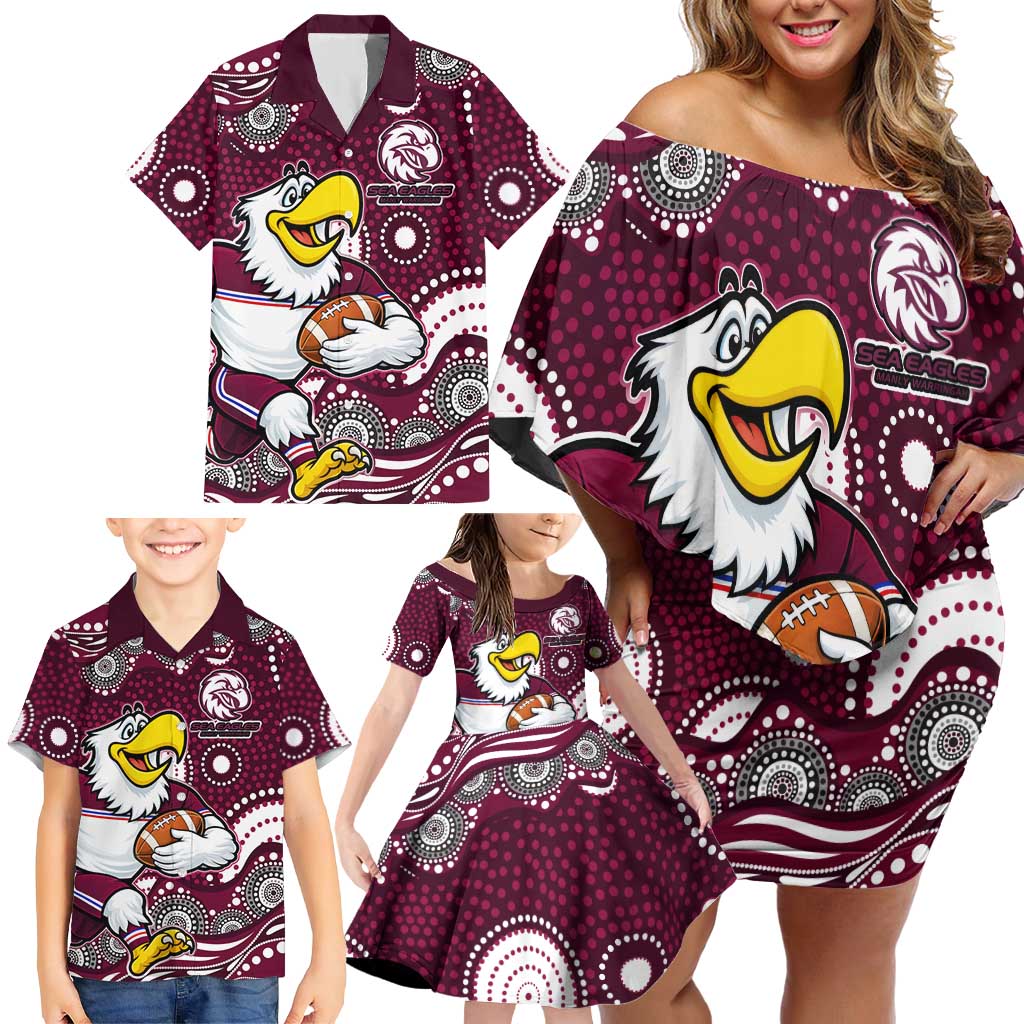 Manly Warringah Sea Eagles Family Matching Off Shoulder Short Dress and Hawaiian Shirt Aboriginal Dot Pattern - Rugby Mascot Heritage Pride