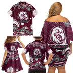 Manly Warringah Sea Eagles Family Matching Off Shoulder Short Dress and Hawaiian Shirt Aboriginal Dot Pattern - Rugby Mascot Heritage Pride