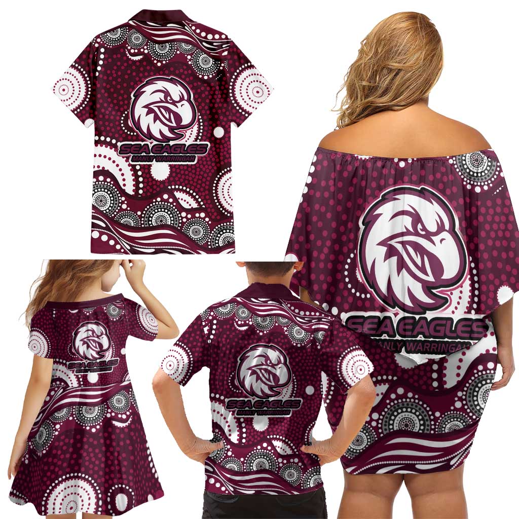 Manly Warringah Sea Eagles Family Matching Off Shoulder Short Dress and Hawaiian Shirt Aboriginal Dot Pattern - Rugby Mascot Heritage Pride