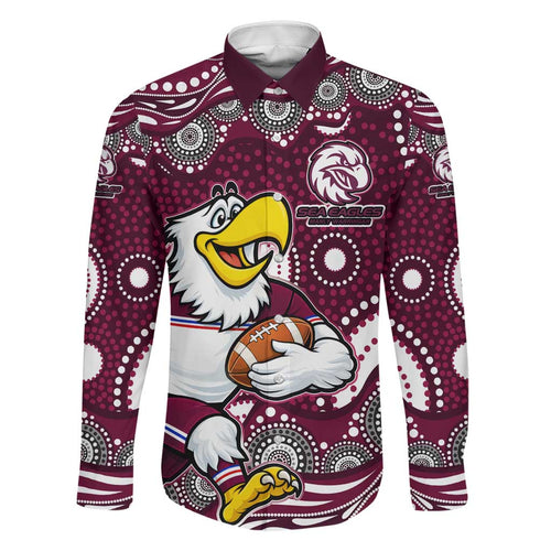 Manly Warringah Sea Eagles Family Matching Off Shoulder Short Dress and Hawaiian Shirt Aboriginal Dot Pattern - Rugby Mascot Heritage Pride
