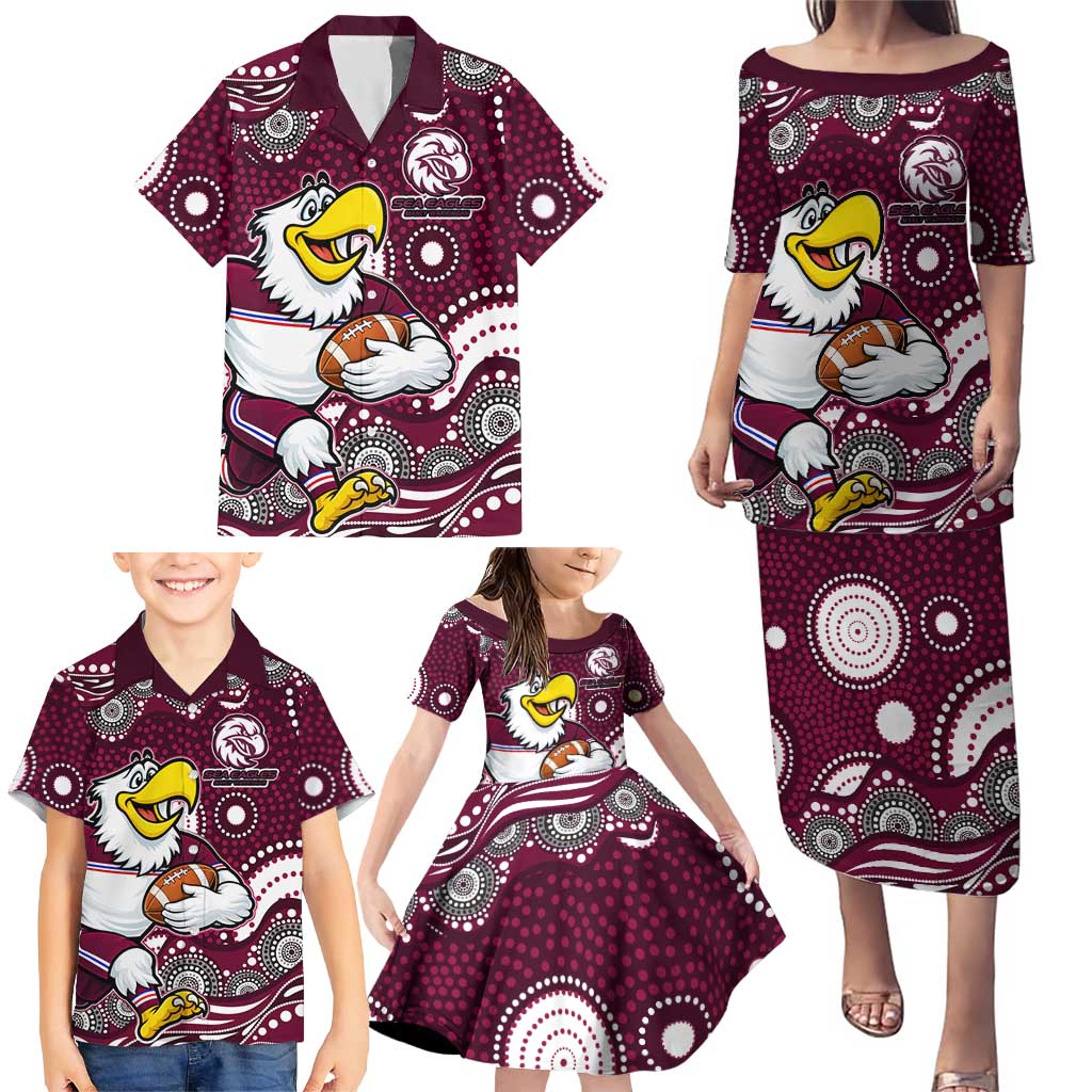 Manly Warringah Sea Eagles Family Matching Puletasi and Hawaiian Shirt Aboriginal Dot Pattern - Rugby Mascot Heritage Pride
