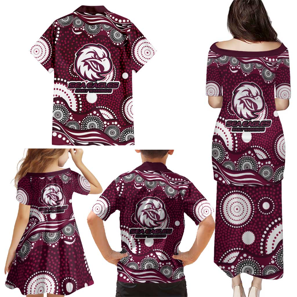 Manly Warringah Sea Eagles Family Matching Puletasi and Hawaiian Shirt Aboriginal Dot Pattern - Rugby Mascot Heritage Pride