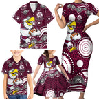 Manly Warringah Sea Eagles Family Matching Short Sleeve Bodycon Dress and Hawaiian Shirt Aboriginal Dot Pattern - Rugby Mascot Heritage Pride