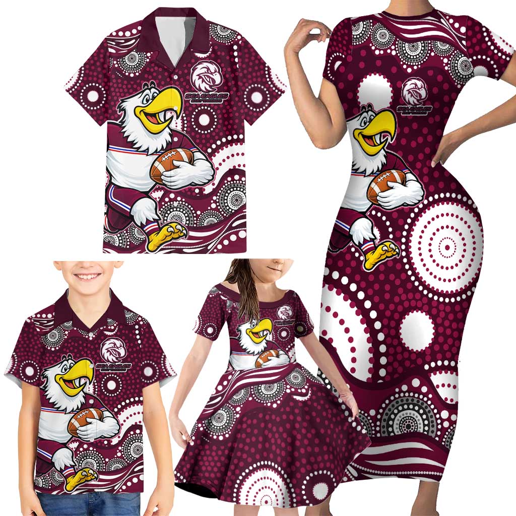 Manly Warringah Sea Eagles Family Matching Short Sleeve Bodycon Dress and Hawaiian Shirt Aboriginal Dot Pattern - Rugby Mascot Heritage Pride