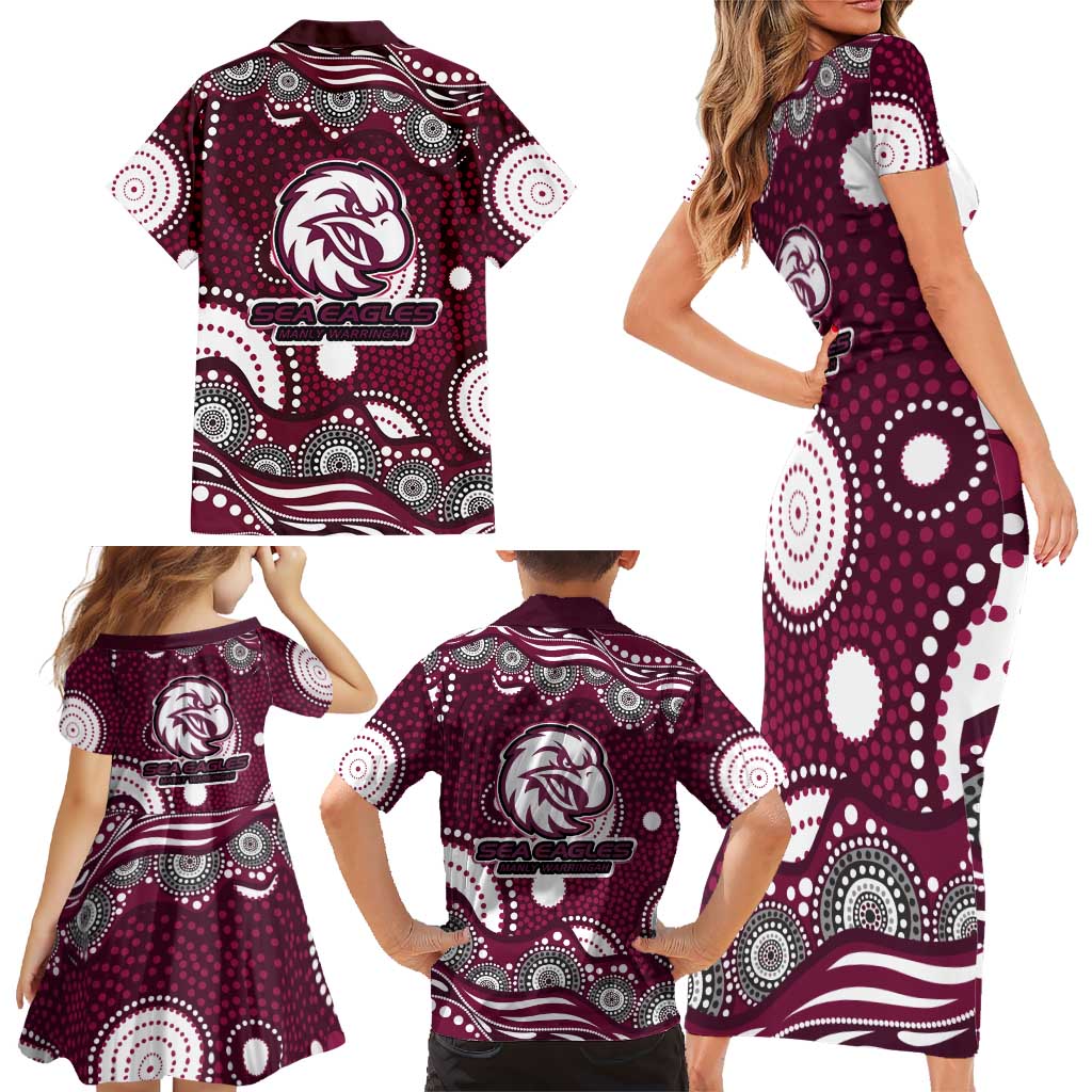 Manly Warringah Sea Eagles Family Matching Short Sleeve Bodycon Dress and Hawaiian Shirt Aboriginal Dot Pattern - Rugby Mascot Heritage Pride