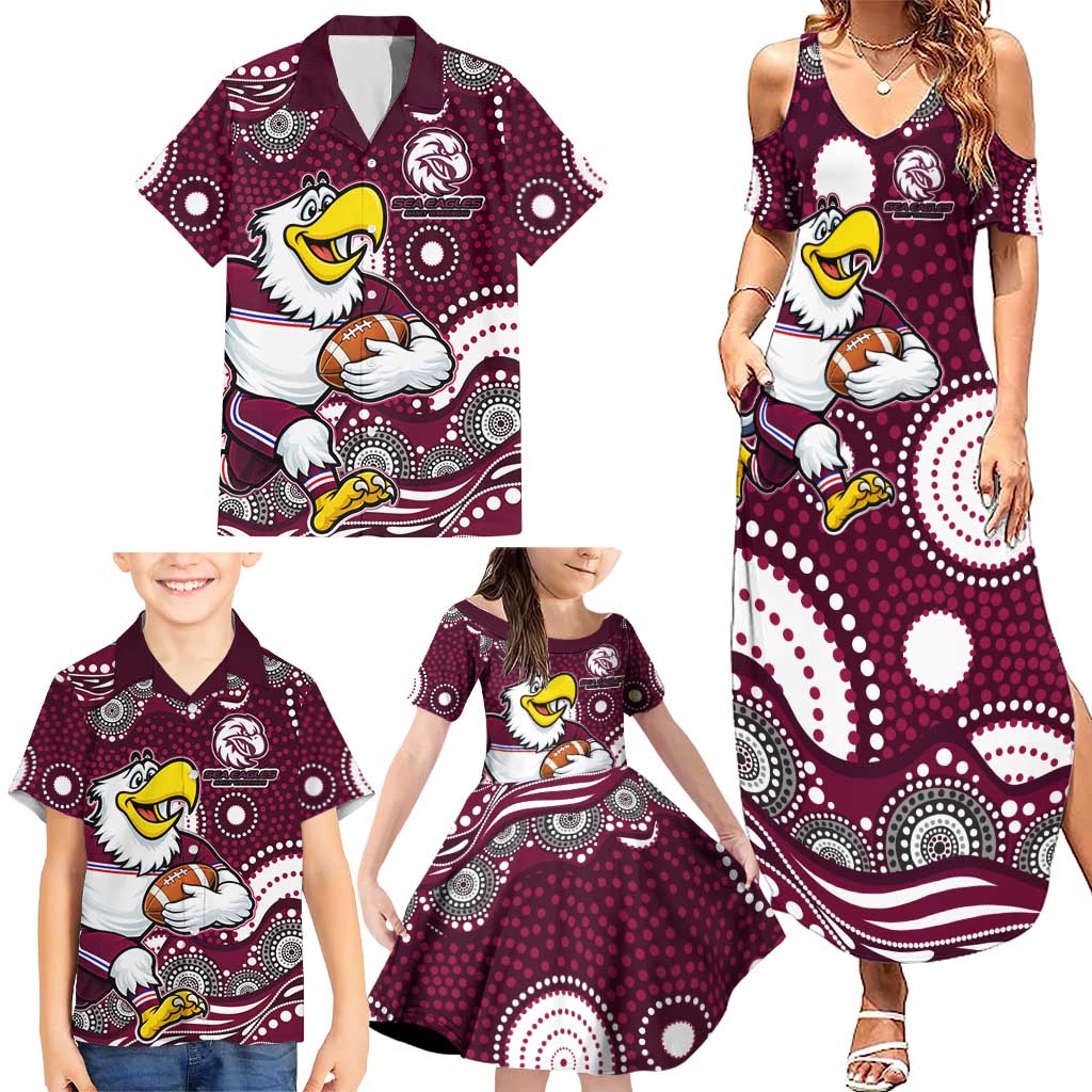 Manly Warringah Sea Eagles Family Matching Summer Maxi Dress and Hawaiian Shirt Aboriginal Dot Pattern - Rugby Mascot Heritage Pride
